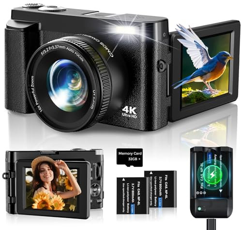 Fotocamera Digitale,Oiadek 4K 48MP Autofocus Vlogging Camera con scheda di Memoria 32G 16X Zoom Digitale, Fotocamera Digitale Compatta con 3,0 180 ° Schermo Flip e Caricabatterie per Adolescenti