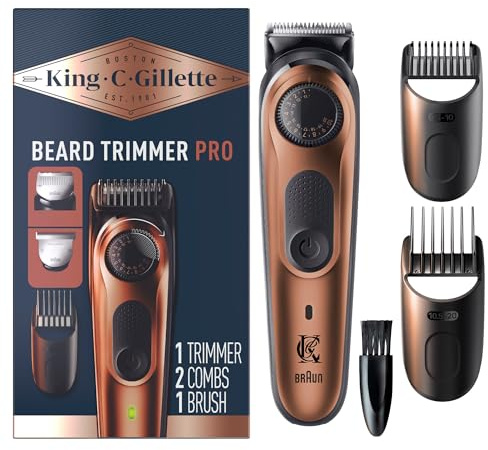 King C. Gillette Pro - Tagliabarba con 40 regolazioni di lunghezza della barba in passaggi precisi da 0,5 mm, design senza fili e 1 trimmer, 1 spazzola, 2 pettini, 1 caricatore e 1 tasca con cerniera