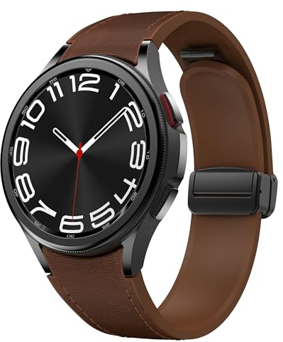 Magnetisches Leder Armband für Samsung Galaxy Watch 7/6/5/4/FE 40mm 44mm/6 Classic 43 47mm/5 Pro 45mm/4 Classic 42 46mm,20mm Nahtlos D-Buckle Hybrid Eco-Leather Weiches Silikon Sport Ersatzarmband
