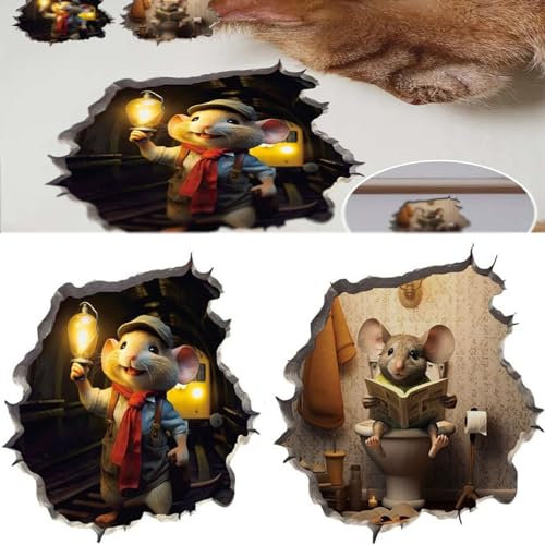 Goplnma 2 Stück Mauseloch-Abziehbilder, 3D Maus Wandtattoo Aufkleber, Lustige Mauseloch Wandtattoo, Maus Wandaufkleber für Wohnzimmer Schlafzimmer (A)