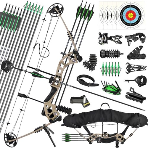 ZSHJGJR Compoundbogen Set Erwachsene 25-60 lbs Bogenschießen Bogen Jagd Jagdbogen Sportbogen Pfeil und Bogen Set mit Zubehör Compoundbogen für Rechtshand Linkshand (Wüsten-Grau, Rechtshänder)