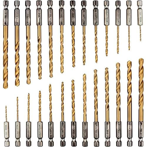 Xrten 26 Pcs Jeu de Forets À Queue en Titane, Foret Metal Revêtus de Titane, Orets en Acier À Coupe Rapide Hexagonale, Foret Hélicoïdal, pour Bois, Métal et Plastique