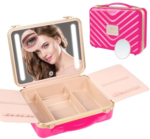 Kalolary Beauty Case da Viaggio con Specchio a LED, Borsa per Il Trucco da Viaggio Con 3 Modalità di Illuminazione Borsa Trucco da Viaggio Portatile Professionale Valigia per Cosmetici (Rosa Rossa)