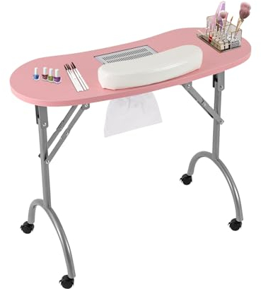 JDBDU Maniküretisch mit Absaugung Nageltisch Tragbaresmanikürtisch Klappbar Mobilesmanikürtisch 90*40*72cm Maniküre Tisch Nageltisch mit Staubbeutel und Rollen - Rosa
