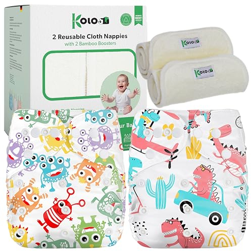 Kolo – 2 wiederverwendbare Windeln für Babys & Neugeborene + 2 Bambuseinlagen | Waschbare, einstellbare Stoffwindeln, unisex | 100 % umweltfreundlich | Design MonsterParty