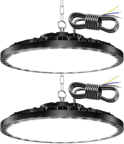 TASINUO Eclairage LED Garage 200W 2 Pièces, 20000LM UFO Plafonnier LED Garage, IP65 Imperméable Lampe Exterieur, 7000K Blanc Froid Eclairage Atelier pour Entrepôt, Atelier, Sous-sol, Usine