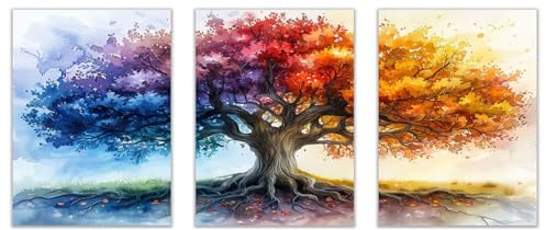 JOSUE 3 Pcs Arbre De Vie Decoration Arbre minimaliste Tableau Grand Format Sur Toile,Orange, bleu Image Pour Salon Chambre DéCoration Murale Moderne- 40x60cmx3 Sans cadre