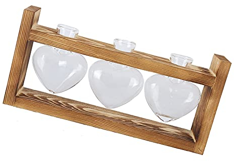 Qukaim Vase Transparente Blumenvase mit Vintage Holzrahmen Innovative Tischplatte Home Decor 3 Herzförmige Flaschen