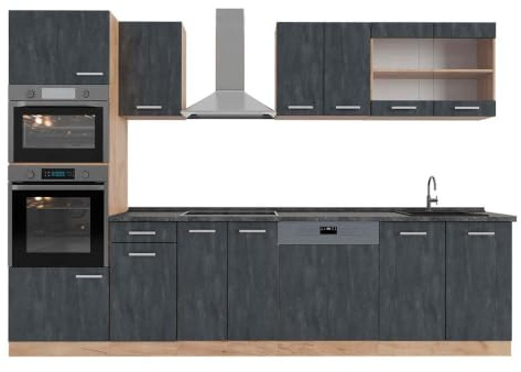 Vicco Küchenzeile R-Line, Schwarz Beton/Goldkraft Eiche, 300 cm