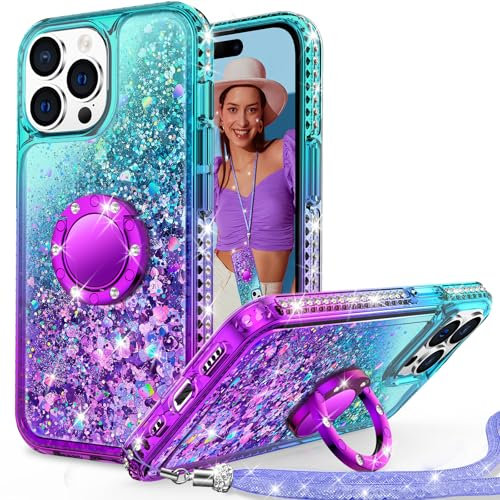 Unlicaku for iPhone 14 Pro Max Case with Stand, Sparkle Glitter Case with Ring and Lanyard, Women Girls Luxury Cute Bling Diamond Protective Phone Cover for iPhone 14 Pro Max, Purple