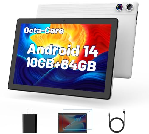 Android 14 Tablet, 10,1 Pouces tablettes avec écran Tactile 1280,800 IPS HD, processeur Octa-Core, 10GB RAM et 64GB ROM (Extension jusqu'à 1TB), WiFi 5G/2.4G, BT 5.0, 5MP Double caméra+8MP (Blanc)