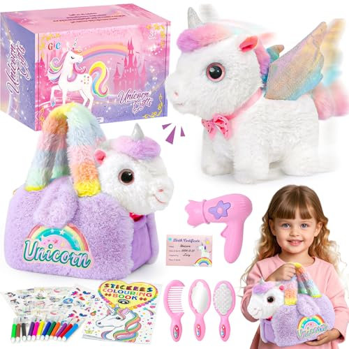G.C Peluche Licorne Cadeau Enfant Fille 3 4 5 6 7 8 Ans avec Électrique Licorne Jouet Qui Marche Aboie, Sac a Main Peluche, Livre de Coloriage, Électrique Unicorn Jouet Cadeau Anniversaire Fille