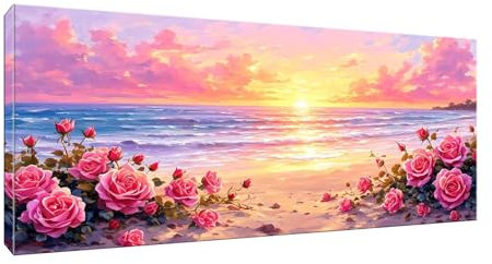 Diamond Art Kits Adults, Diamond Painting Beach Rose DIY 5D Diamond Art Painting Kits for Kids, Full Drill Crystal Rhinestone Gem Art Embroidery Crafts for Christmas Home Wall Decor 70x140 cm L-505