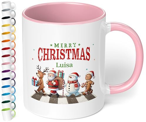 Geschenk zu Weihnachten: Tasse „Merry Christmas - Weihnachtsfiguren“ - personalisiert mit Namen - Adventszeit, Keramik, ca. 330ml, Rosa