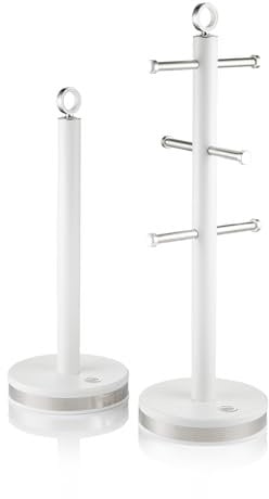 Swan SWKA18537WHT Serenity Towel Pole and Mug Tree Set with Smooth Matt Finish, Stainless Steel Accents and Non-Slip Bases, White
