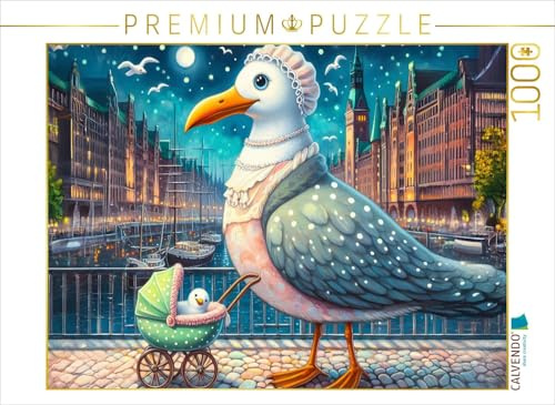 Puzzle · Möwe Emma am Abend mit Baby in der Speicherstadt | Abendtour mit Baby durch die Speicherstadt · 1000 Teile · Lege-Größe 64 × 48 cm · CALVENDO Puzzle