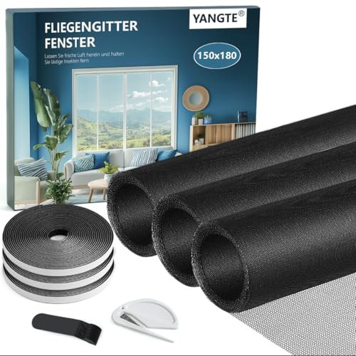 YANGTE Fliegengitter für Fenster-3 Stück 150 x 180cm Schwarz Insektenschutz Fenster mit Gesteigerte höherer Klebkraft Klettband, Fliegengitter Fenster ohne Bohren, Fliegennetz & Mückennetz für Fenster