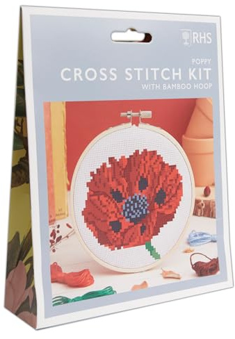 RHS The Royal Horticultural Society Cross Stitch Kit, Poppy Design, 14cm Embroidery Kits for Adults, Cross Stitch Kits for Adults Beginners, Gift Idea, with Embroidery Patterns, Embroidery Set
