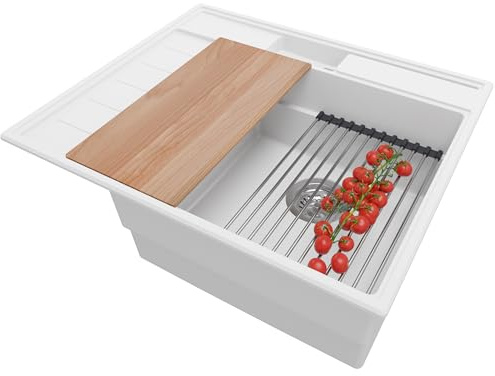 PRIMAGRAN Spülbecken ab 45er Unterschrank + Ablauf-Set, 62x53cm | Set: Ablauf-Set (Siphon, Ablaufgarnitur, Überlauf) + Granitspüle 1 Becken - Sydney Pocket, Weiß