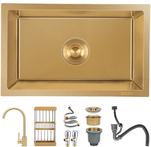 Fregadero cocina 38x26cm, dorado, acero inoxidable 201, con escurridor y sifón