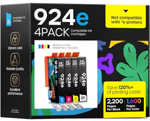4 Pack 924XL Patronen mit Chip Kompatibel für HP 924 EvoMore 924E 924XL für HP OfficeJet Pro 8120 8122 8123 8125 8128 8130 8132 8133 8134 8135 Druckerpatronen (mit Chip)