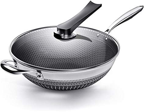 MMRTDJDR Padella in pentola in Acciaio Inossidabile Wok a Nido d'Ape frittura con pentola Cucina per Cucina con Salvataggio sul Coperchio in Vetro