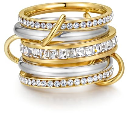 YeGieonr Stapelringe Damen Gold – Anlaufbeständiger Edelstahl Ring Frauen, Gold Linked Ring Set, Wasserfeste Modeschmuck Ringe Stack (5er, 58(18.1))