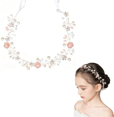 BAIYSFFG Prinzessin Blumenkranz Haar,Haarreif Kommunion Mädchen,Weiße Perlen Haarreif Kopfbedeckung,Blumen Haarkranz mit Band,Passend für Braut Frauen, Schleier Braut Frauen (rose gold)