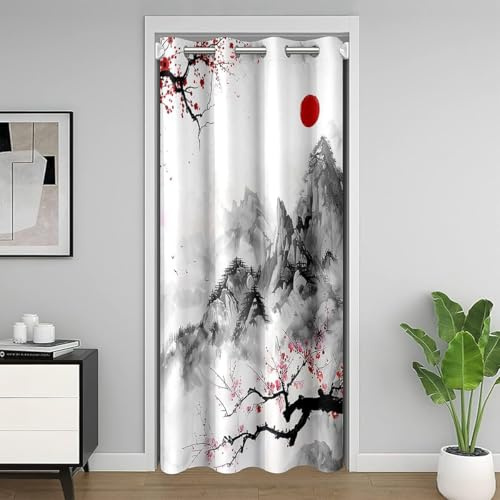 Homemissing Kirschblüten Vorhänge für den Innenbereich, Wohnzimmer, Schlafzimmer, Privatsphäre, 1 Panel, japanischer Ukiyoe Türvorhang 86 x 203 cm, Sonne, Rot, Fuji Mountain Vorhänge für den