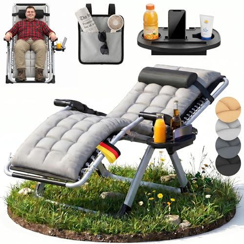 WoRaum Sonnenliege Liegestuhl,Klappbare Gartenliege,Verstellbare Rückenlehne Liegestuhl mit Nackenkissen,Getränkehalter&Seitentasche (Hellgrau)