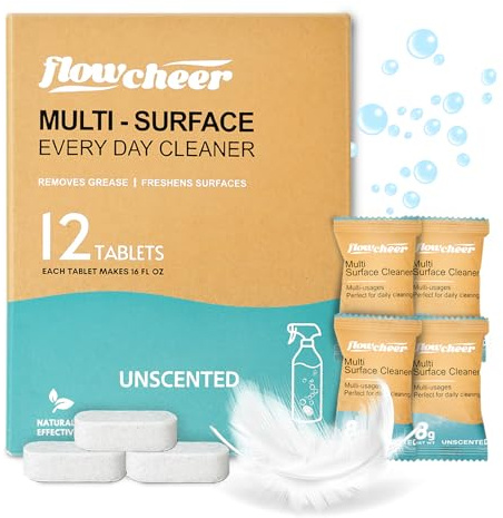 Flowcheer All Purpose Cleaner Refill Tablets, 12 Pack, Unscented Formula | Makes 12 × 500 ml multi-surface cleaning sprays for everyday home and kitchen use; fragrance-free refill tablets