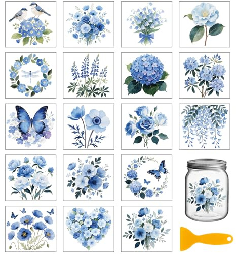 GLOBLELAND 18 Sheets Blue Flowers Rub on Transfers Sticker for Vase 3.9x3.6inch Vintage Rose Florals UV DTF Cup Wraps Decals Retro Butterflies Transfer Stickers for Furniture Glass Bottle Decors