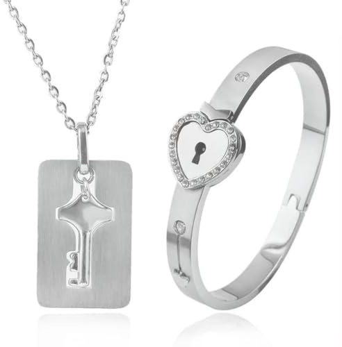 CWZZWS Locking Bracelet With Key For Women And Men - Bracelet Love Heart Lock Bracelets Bangle Key Pendant Necklace, Lock And Key Necklace For Couples