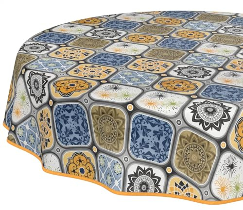 Wachstuchtischdecke Tischdecke abwaschbar Wachstischdecke pflegeleicht wasserabweisend Lotuseffekt Gartentischdecke Porto Rund 140 cm mit Saum (Eingefasst)