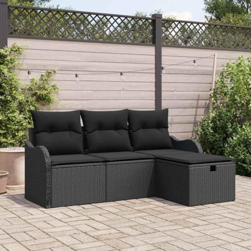 LoogCape Gartensofa-Set Schwarz, 4-teilig, aus robustem Poly-Rattan mit Kissen, modular, höhenverstellbarem Tisch und Stauraum für Terrasse & Garten