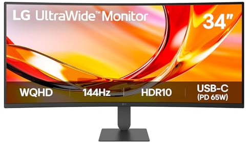 LG UltraWide U6 34U640B Curved Productivity Monitor | 34 inch WQHD 21:9 Office Screen, 144Hz, All-in-One USB Type-C, HDR10 & 99% sRGB, AMD FreeSync Premium, Height & Tilt Adjustable Stand