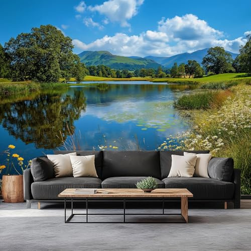 Naturfotografie Vlies Fototapete 3D Effekt Ländlicher See Wiese Wildblumen Vliestapete - Wandtapete Für Wohnzimmer Schlafzimmer Büro Flur Tapete TV-Hintergrund Dekoration Wandtapete 200 x 140 cm