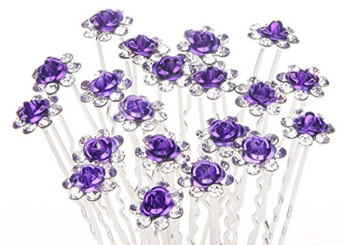 Lovely Charm 20pcs Wedding Bridal Party Diamante and White Faux Prom Pearl Flower Rhinestone Crystal Hair Pins Clips Grips Pins Hairpins Bridesmaid Clips (Purple)