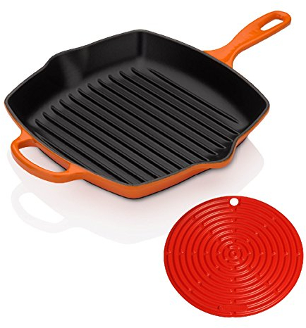 Le Creuset Signature Cast Iron Square Grillit, 26 cm and Silicone Cool Tool - Volcanic