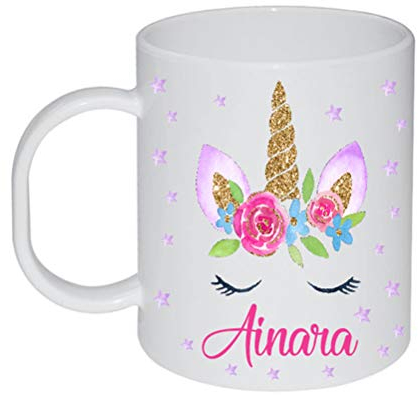 Kembilove Taza de Desayuno Infantil Personalizada – Tazas Plástico Personalizadas con el Nombre del Niño o Niña Vuelta al Cole – Diseño Unicornio