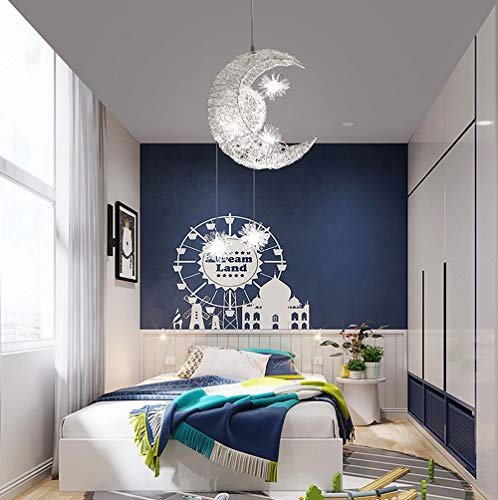 PETITES ECREVISSES Pendelleuchten Mond und Sterne LED Kronleuchter Aluminium Deckenleuchte Ø38cm Hängelampe Kreative mit 5 Glühbirnen für Kinder Schlafzimmer Wohnzimmer