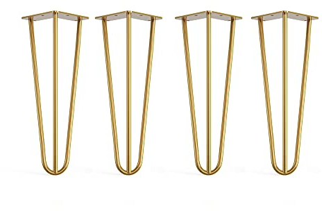 4 x Hairpin Legs with Floor Protector Feet & Screws - 35cm 3 Rod / 10mm, Gold Brass