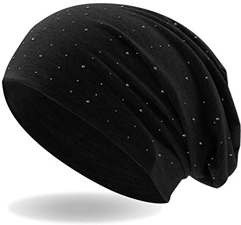 Hatstar Damen Beanie Mütze | mit edler Strass Nieten Applikation | Mädchen Mütze | elastisches Slouch Long Beanie | leicht und weich (1 schwarz)