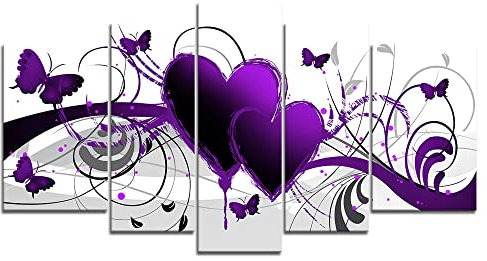 5 Teiligs Bild Lila Liebe,Schmetterling Leinwand Bilder,Moderne Zusammenfassung Wandbilder Wohnzimmer Leinwandbild Modern Kunstdruck für Schlafzimmer Wanddeko (Bereit zu Hängen)