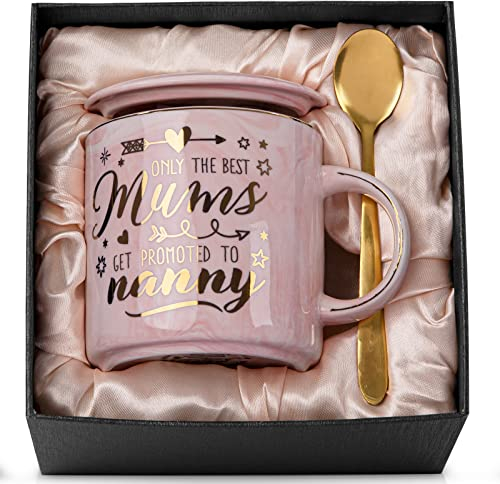 Tazzina regalo da nipoti, tazza da caffè rosa da 396.9 g, regalo per nonna, nonna, scritta in lingua inglese Only The Best Mums Get Promoted to Nanny, con stampa oro, in confezione regalo