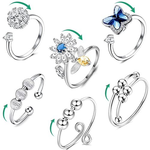 Edelstahl Anti-Angst-Ring 6 Stück Fidget Verstellbare Ringe Set Valentinstag Fidget Rings Damen mit Perlen Band Ring Geometrischer Runder Perlen Bienen Blumen Ring Schwenkring zur Spannungsentlastung