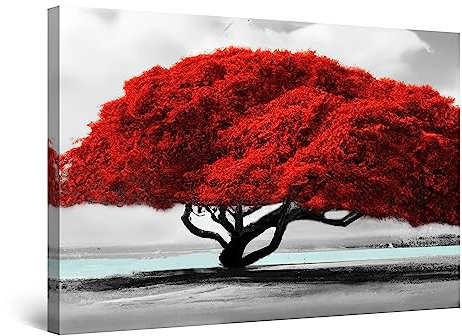Startonight Impression sur Toile - Tableau Rivière Arbre Rouge Grande Tableau Decoration Murale Prêt à Accrocher Arbres Peinture Moderne et Contemporaine 60 x 90 cm Idée Cadeau Élégante et Originale