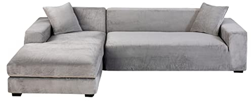 GUYIRT Samt Sofabezug L Form, 2-teiliger Stretch L Form Sofa überzug rutschfest Couchbezug L Form Weicher Möbelschutz Für Ecksofa -hellgrau-3+2 Sitzer
