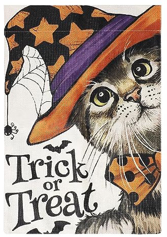 Bannière Halloween, 45x32cm Double Face Drapeau de Jardin Trick or Treat Chapeau de Sorcière Chat Halloween Drapeau de Jardin d'Halloween pour Vacances Fête Cour Extérieur Décorations
