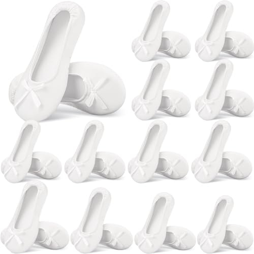 Cuffbow 12 Pairs Wedding Foldable Flats Dancing Shoes Rollable Ballet Flats Bulk Women's Satin Ballerina House Slippers Bridal Party Favors Bedroom Slippers for Indoor Outdoor Wedding(White)